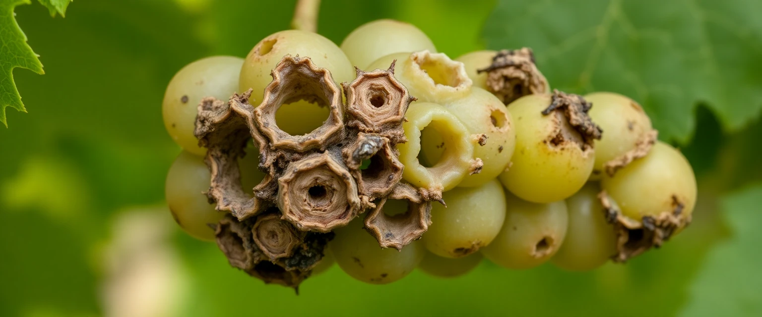 Racimo de uvas dañado por larvas de polilla del racimo, mostrando perforaciones y podredumbre